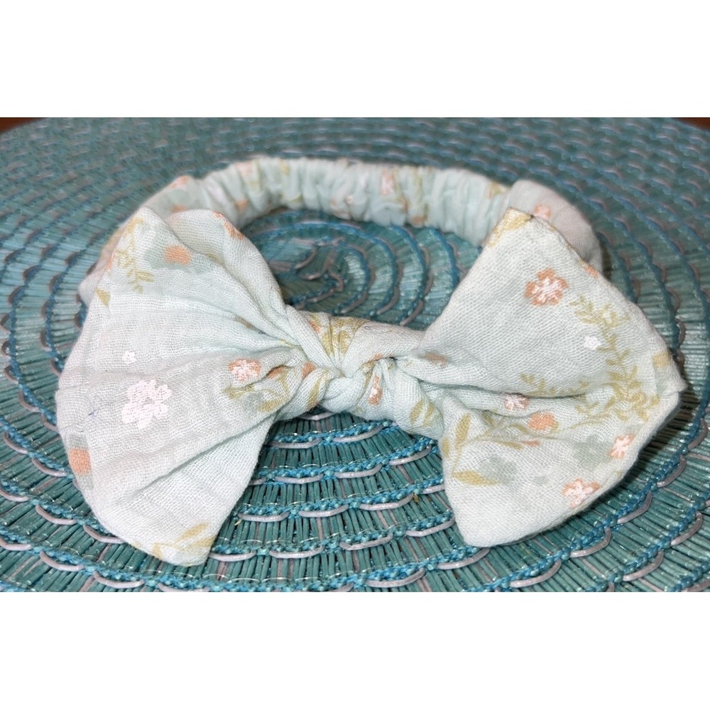 Catherine Malandrino Floral Baby Headband Bow Mint Green 100% Cotton EUC